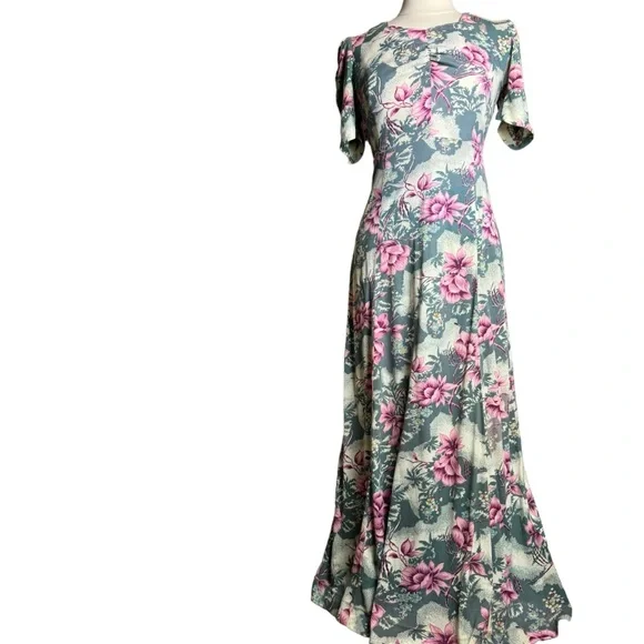 Vintage 70s Maxi Dress Hawaiian Tropical Short Sleeve Juniors Sz 11 Floral - Picture 1 of 12